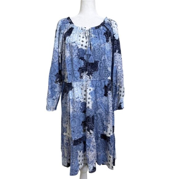 Frye and Co Boho Off-Shoulder Dress Blue White Patchwork Festival Womens Size 1X - Picture 1 of 7